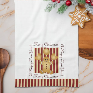 Red Stripes Gingerbread Man Cookies Christmas Kitchen Towel