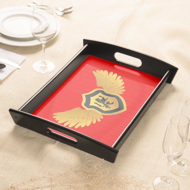 Red Stripes Gold & Black Heraldic Lion Serving Tray (Front)