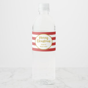 Red Stripes Gold Custom Merry Christmas Water Bottle Label