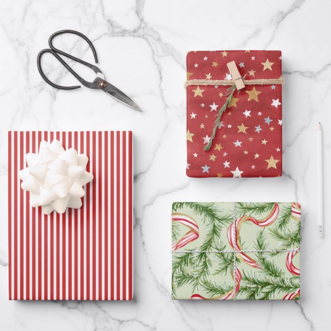 Red Stripes Green Ribbons Gold Stars Christmas Wrapping Paper Sheets (Front)