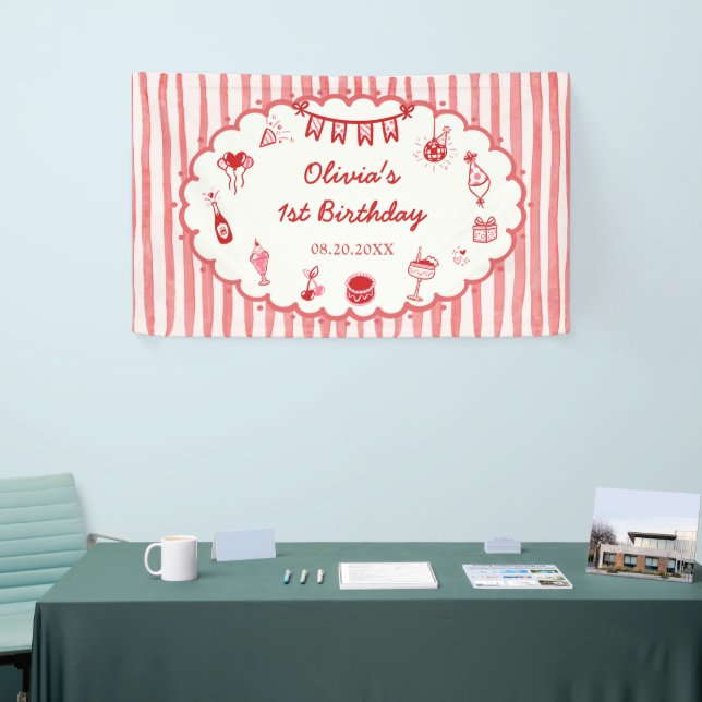 Red Stripes Hand Drawn Birthday Party Banner (Tradeshow)