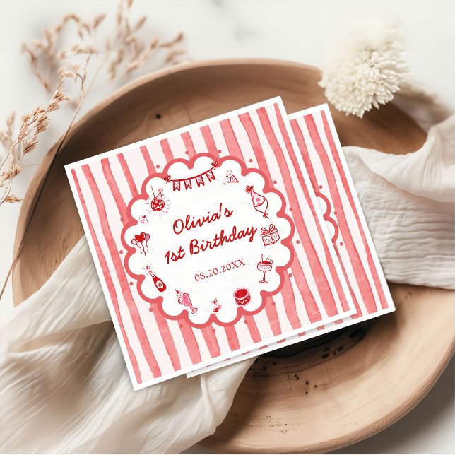 Red Stripes Hand Drawn Birthday Party Napkins (Creator Uploaded)