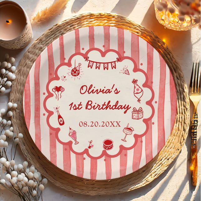 Red Stripes Hand Drawn Birthday Party Paper Plates (Creator Uploaded)