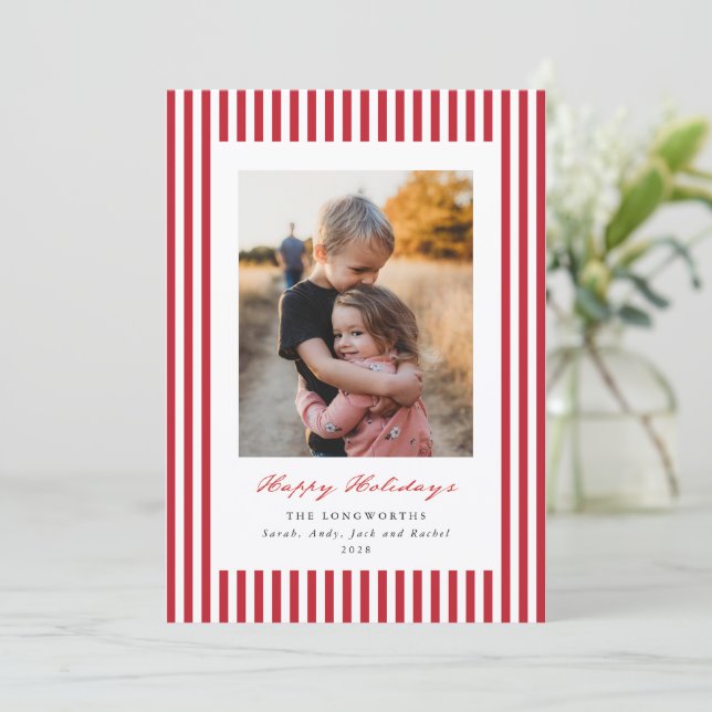 Red Stripes Happy Holidays Flat Photo Holiday Card (Standing Front)