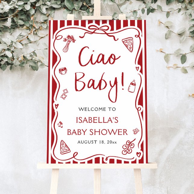 Red Stripes Italian Ciao Baby Baby Shower Welcome Foam Board (Red Stripes Hand Drawn Italian Ciao Baby Baby Shower Welcome Sign )