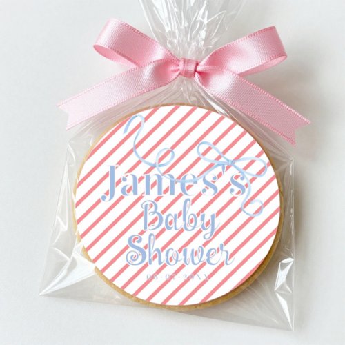 Red Stripes & Light Blue Ribbon Baby shower Classic Round Sticker