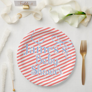 Red Stripes & Light Blue Ribbon Baby shower Paper Plates
