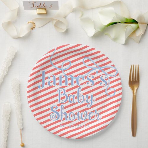 Red Stripes & Light Blue Ribbon Baby shower Paper Plates