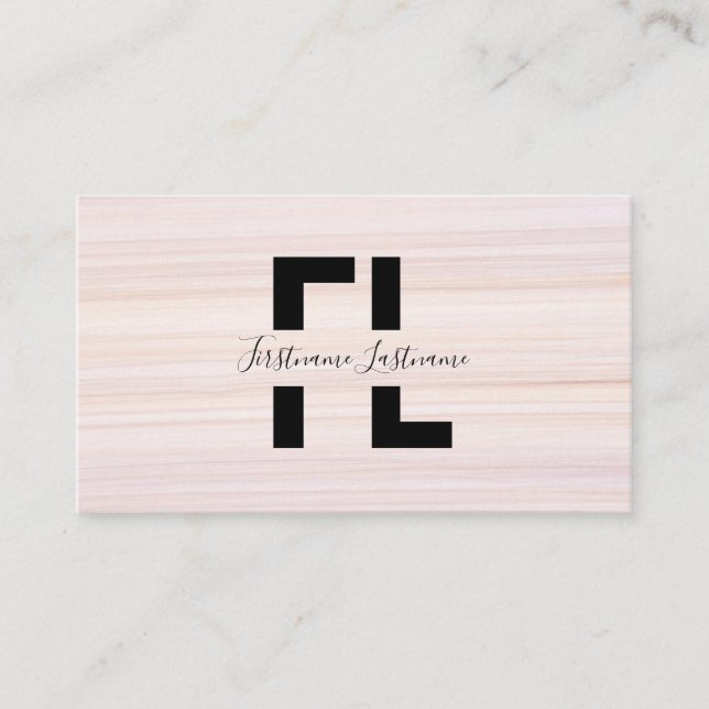 Red stripes marble surface elegant monogram strip business card (Front)