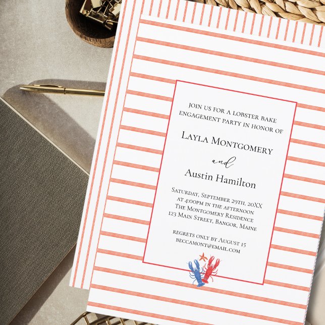 Red Stripes Minimalist Lobster Engagement Party Invitation (Creator Uploaded)
