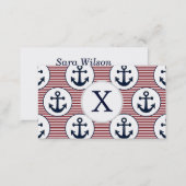 Red Stripes Navy Blue Anchor Nautical Pattern Business Card (Front/Back)