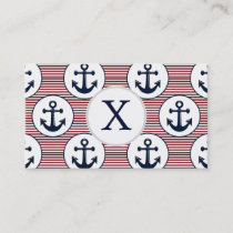 Red Stripes Navy Blue Anchor Nautical Pattern Business Card