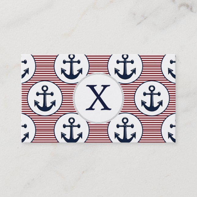 Red Stripes Navy Blue Anchor Nautical Pattern Business Card (Front)