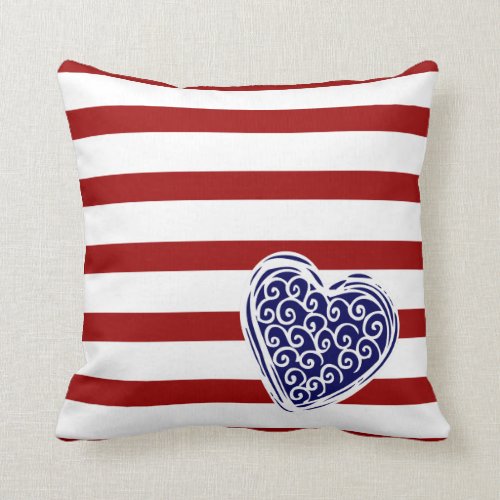 Red Stripes on White w/ Navy Doodle Heart Throw Pillow