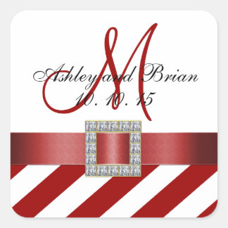 Red Stripes Ribbon Monogram Wedding Favor Label