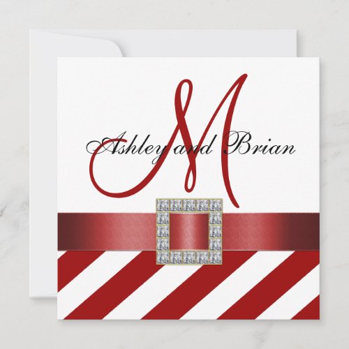 Red Stripes, Ribbon, Monogram Wedding Invitation