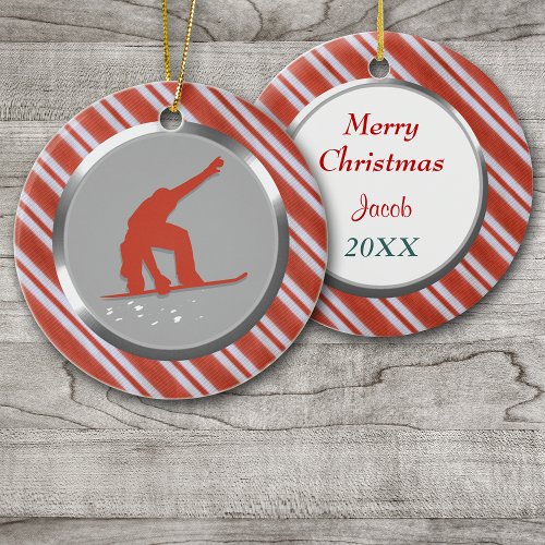 Red Stripes Snowboarder Personalized Christmas Ceramic Ornament