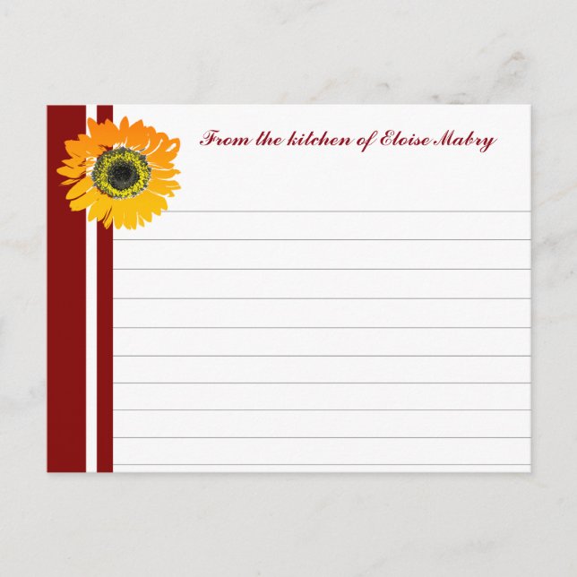Red Stripes Sunflower Personalized Recipe Cards (Front)