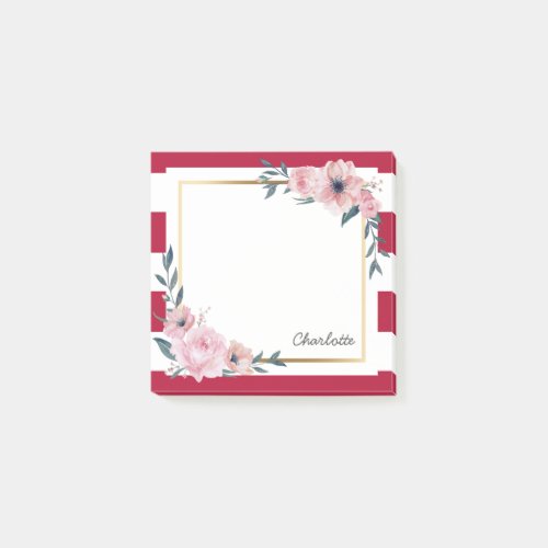 Red Stripes Watercolor Floral Custom Name Post_it Notes
