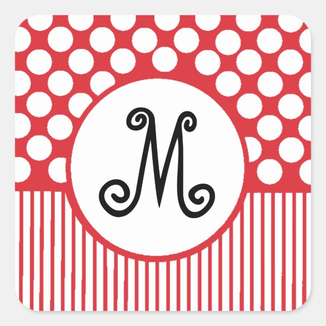 Red Stripes & White Dots Monogram Square Sticker (Front)