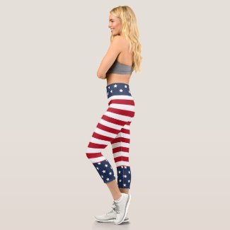 Red Stripes with Blue and White Star Waist  Capri Leggings