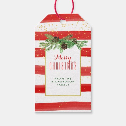 Red Stripes with Gold Confetti and Pine Cones Gift Tags