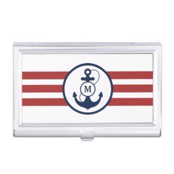 Red Stripes With Nautical Anchor And Monogram Business Card Case by snowfinch at Zazzle