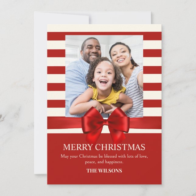 Red Strips Christmas ribbon photo  Holiday Card (Front)