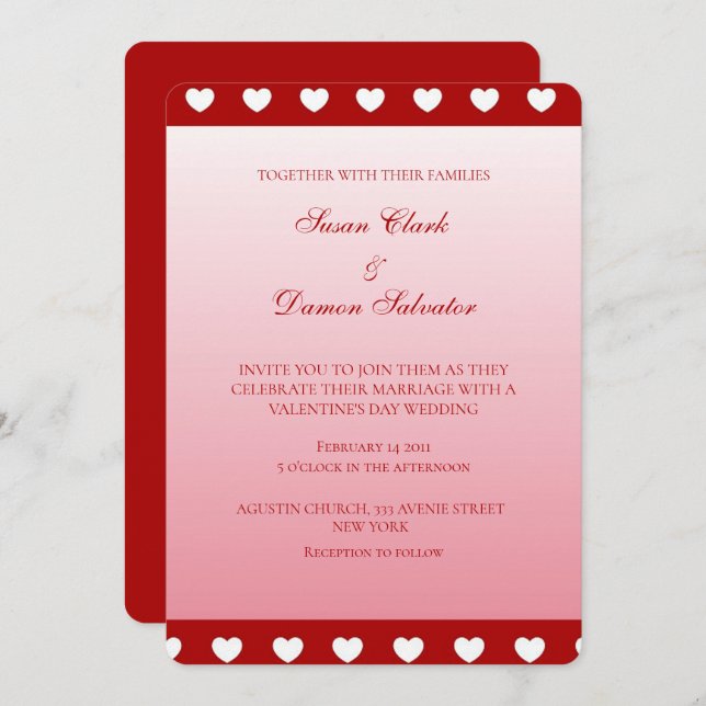 Red Strips White Hearts Valentine's Wedding Day Invitation (Front/Back)
