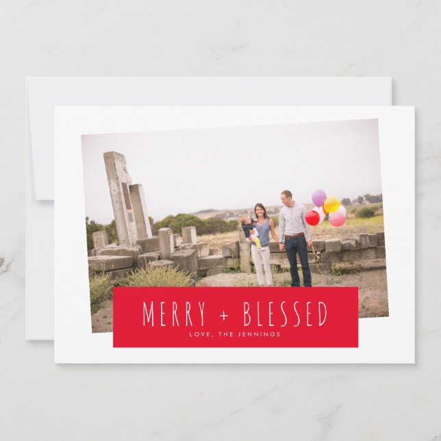 Red Stripy Block Merry & Blessed Photo Holiday Card (Front)
