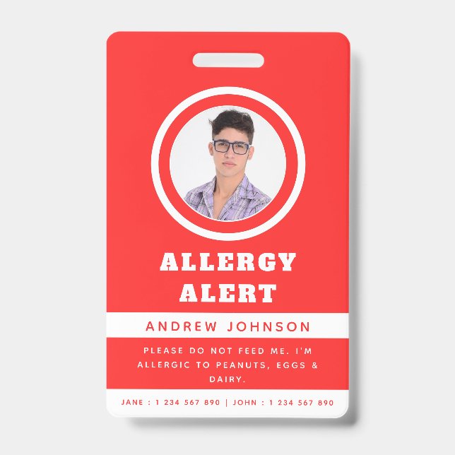 Red Student Photo Food Allergy Alert Emergency Badge (Front)
