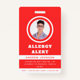 Red Student Photo Food Allergy Alert Emergency Badge