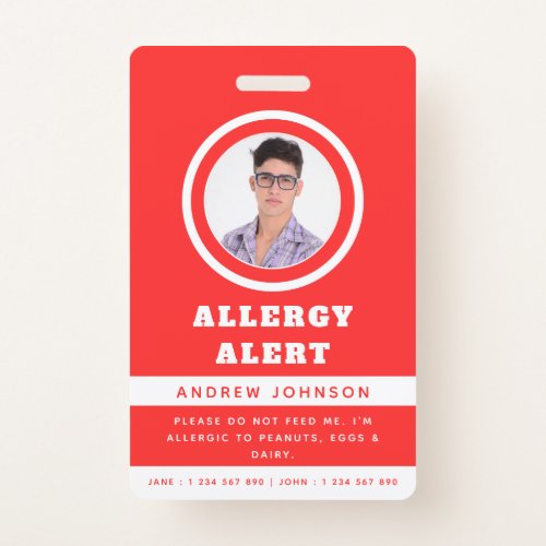 Red Student Photo Food Allergy Alert Emergency Badge