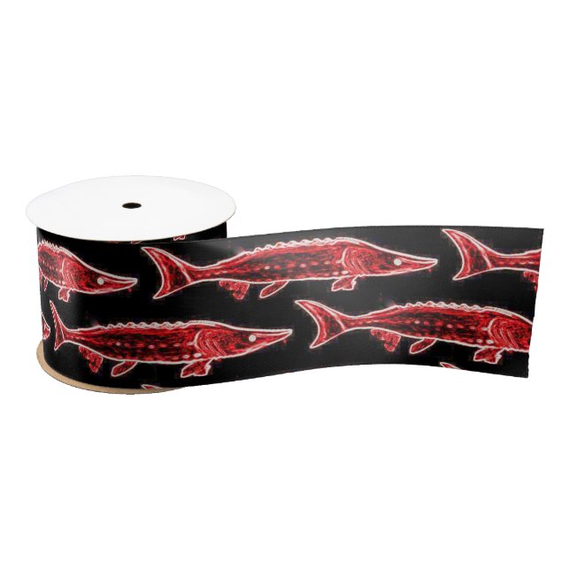 red sturgeon swimming satin ribbon (Spool)