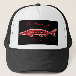 red sturgeon swimming trucker hat
