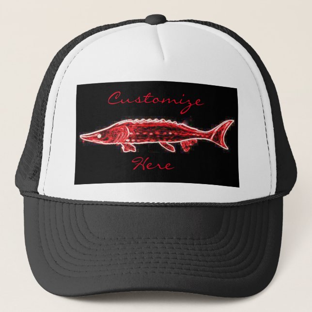 red sturgeon swimming trucker hat (Front)