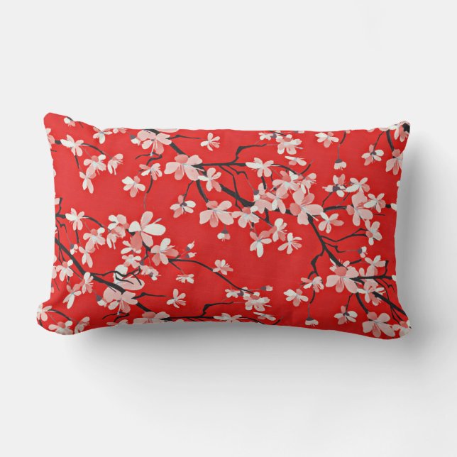 Red Stylish Cherry Blossom Floral Pattern Lumbar Pillow (Front)