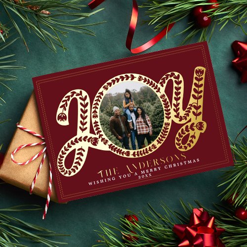 Red Stylish Folk Art Joy Merry Christmas  Foil Holiday Card