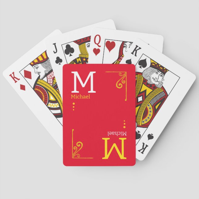 RED Stylish Player Initials & Name Personalized Poker Cards (Back)