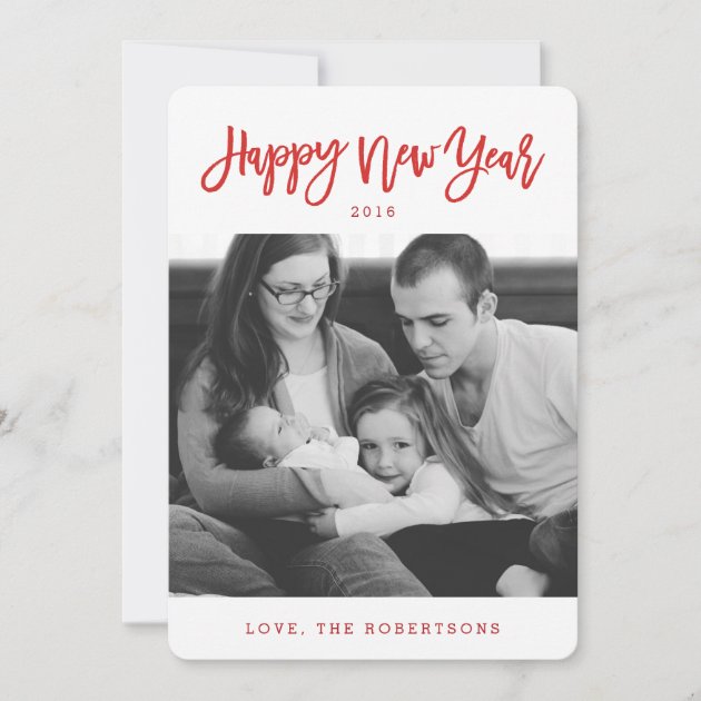 Red Stylish Script Happy New Year Photo Card