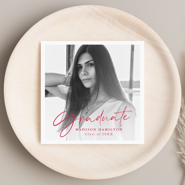 Red | Stylish Script Photo Graduation Napkins (Creator Uploaded)