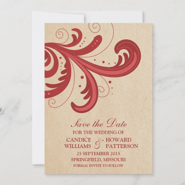 Red Stylish Swirls Save the Date Invite (Front)