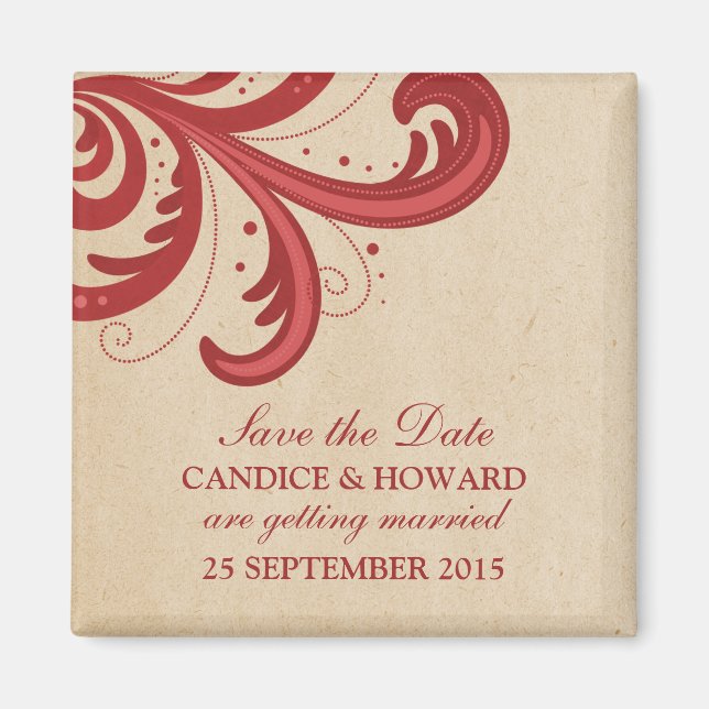 Red Stylish Swirls Save the Date Magnet (Front)
