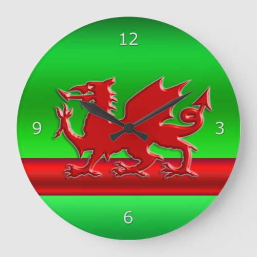 Red stylized Welsh Dragon on green metallic_look Large Clock