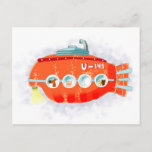 Red submarine with cute animals onboard postcard