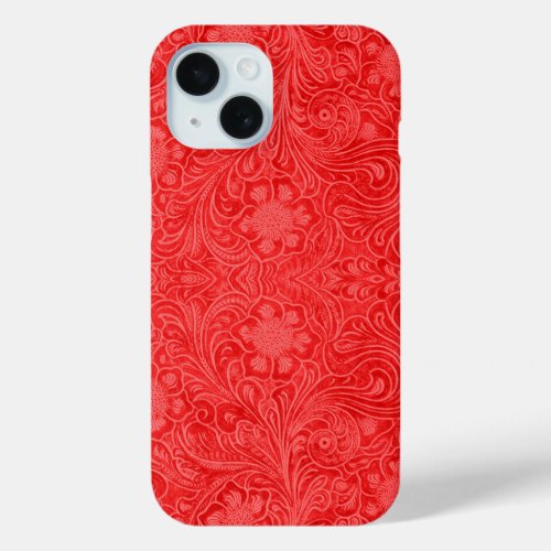 Red Suede Leather Look Embossed Flowers 2 iPhone 15 Case