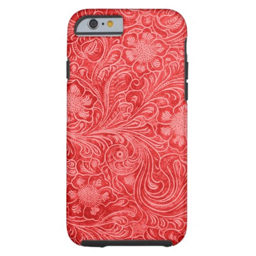 Red Suede Leather Look Embossed Flowers Tough iPhone 6 Case