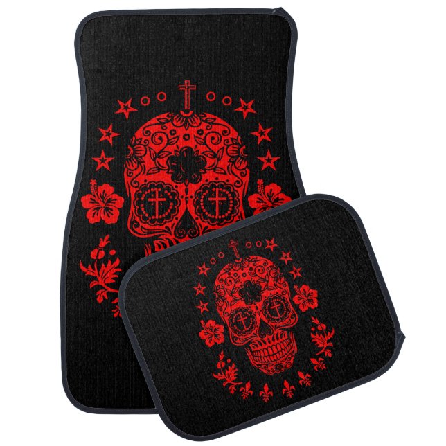 Red Sugar Skull and Cross with Fleur De Lis Car Mat (Set)