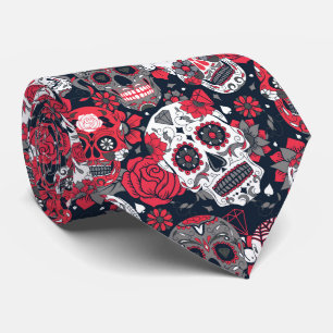 red sugar skull floral ornamental pattern neck tie