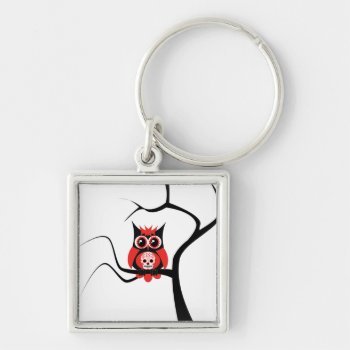 Red Sugar Skull Owl In Tree Keychain by CuteLittleTreasures at Zazzle